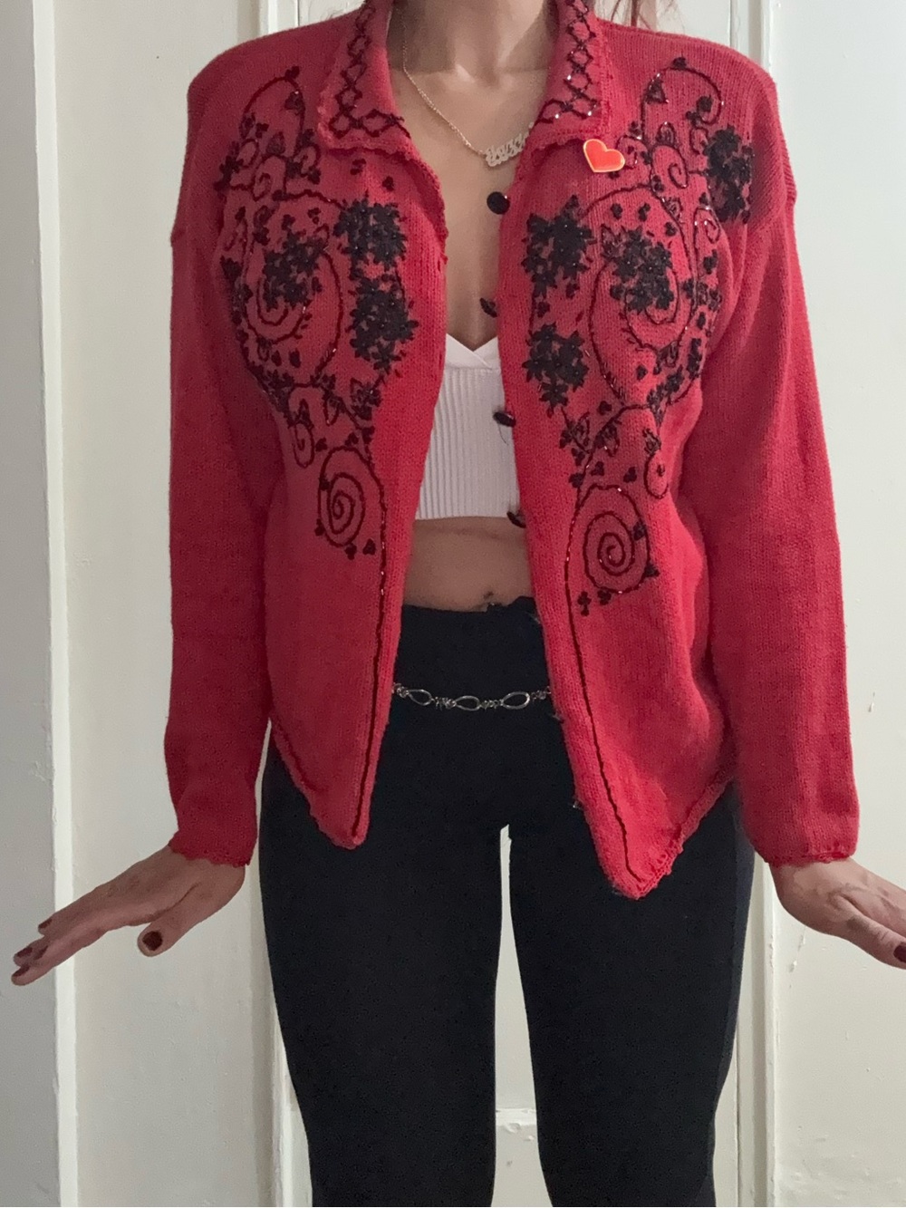 Jaclyn Smith Red Cardigan Jacket with Black Embroidery